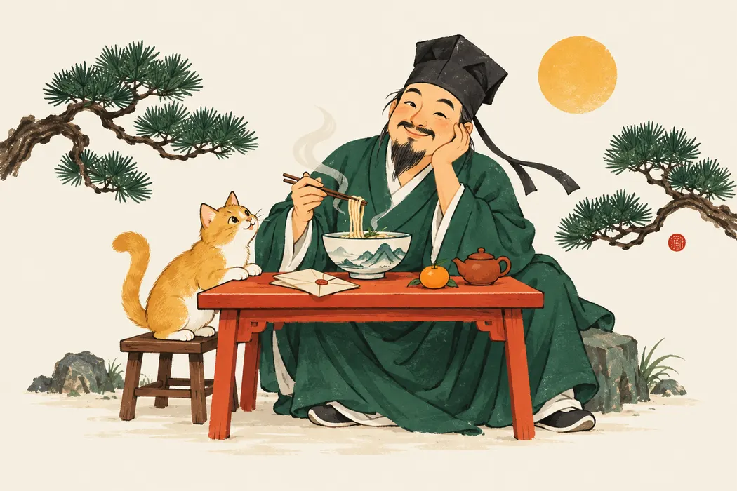古人与橘猫的主题插画
